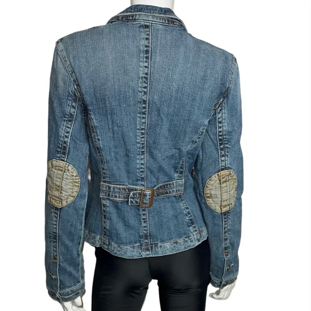 Vigoss Jeans Distressed Corduroy Patches Blue and Tan Utility‎ Denim Jean Jacket